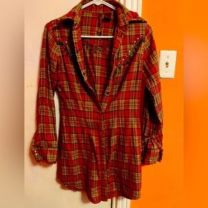 Red/Tan long jeweled button flannel-XS